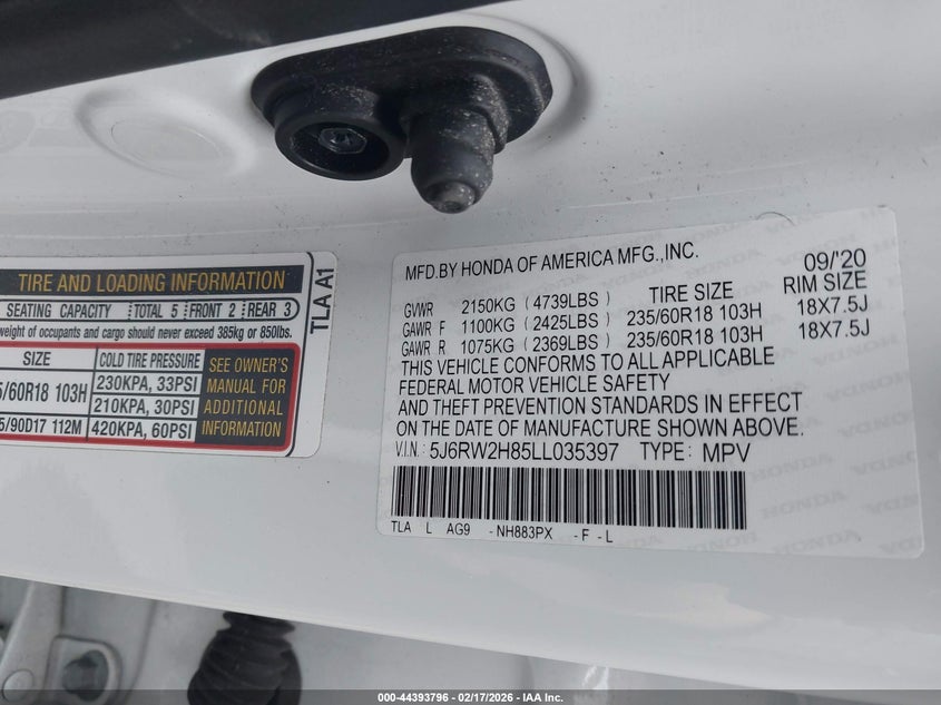 VIN 5J6RW2H85LL035397 2020 HONDA CR-V AWD EX-L