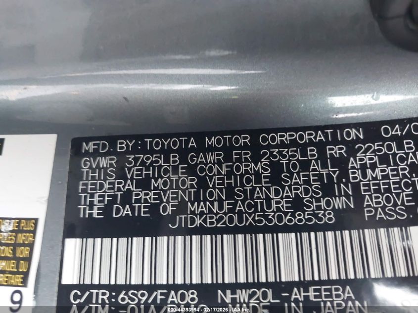 2005 Toyota Prius VIN: JTDKB20UX53068538 Lot: 44393994