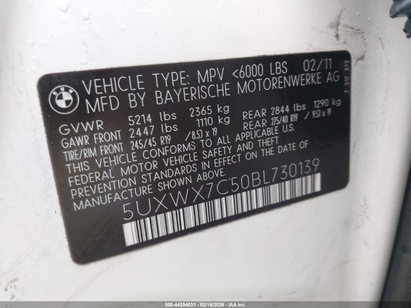 2011 BMW X3 xDrive35I VIN: 5UXWX7C50BL730139 Lot: 44394031