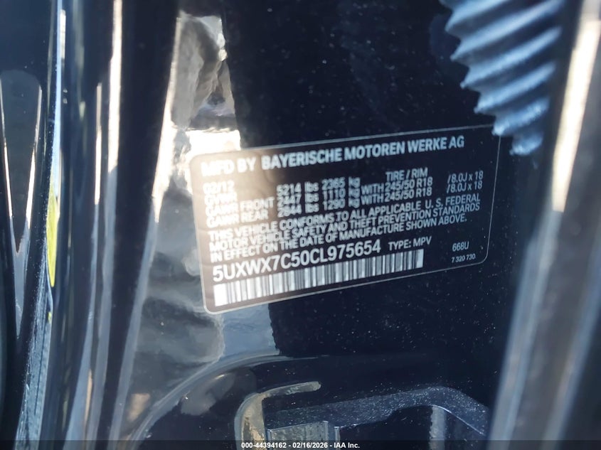 2012 BMW X3 3.0 xDrive35I black Lot 111044394162 Vin 5UXWX7C50CL975654
