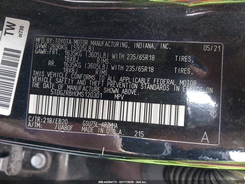 2021 Toyota Highlander Xle VIN: 5TDGZRBH0MS120301 Lot: 44394172