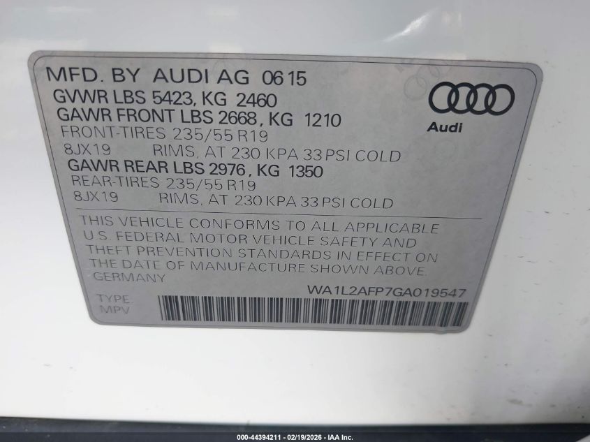 2016 Audi Q5 2.0T Premium VIN: WA1L2AFP7GA019547 Lot: 44394211