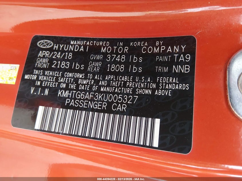 2019 Hyundai Veloster 2.0 Premium VIN: KMHTG6AF3KU005327 Lot: 44394228