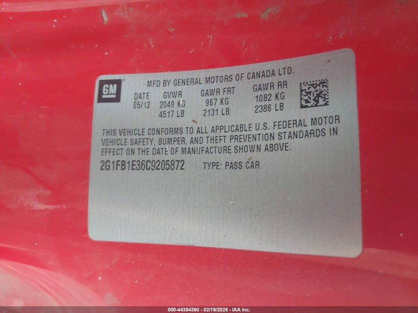2012 Chevrolet Camaro 3.6 1lt Red Lot 111044394360 Vin 2G1FB1E36C9205872