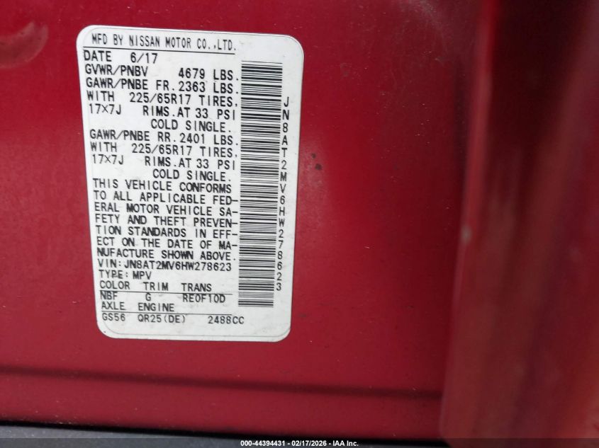 2017 Nissan Rogue S VIN: JN8AT2MV6HW278623 Lot: 44394431