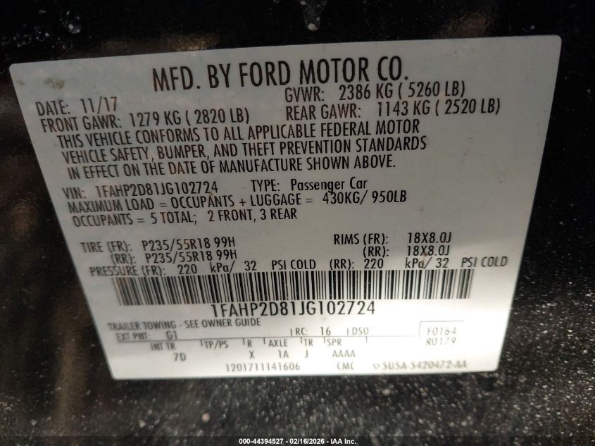 2018 Ford Taurus Se VIN: 1FAHP2D81JG102724 Lot: 44394527