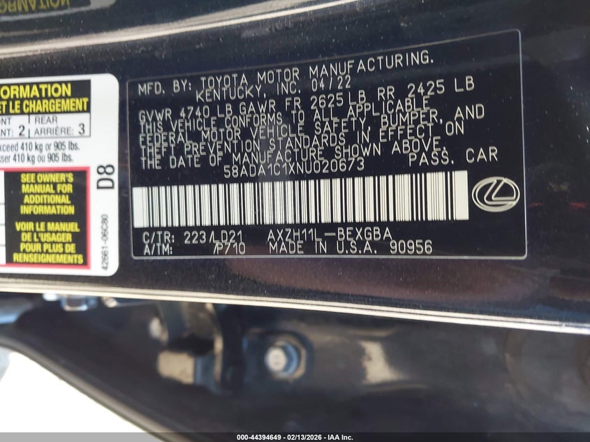 2022 Lexus Es 300H VIN: 58ADA1C1XNU020673 Lot: 44394649