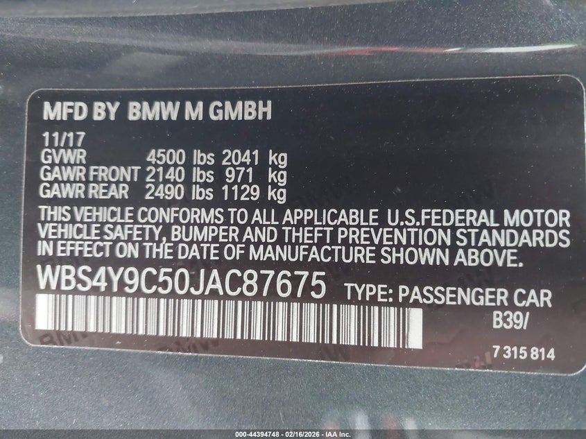 2018 BMW M4 VIN: WBS4Y9C50JAC87675 Lot: 44394748