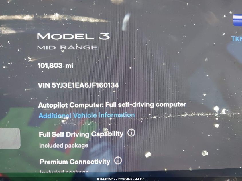 2018 Tesla Model 3 Long Range/Mid Range VIN: 5YJ3E1EA6JF160134 Lot: 44395017