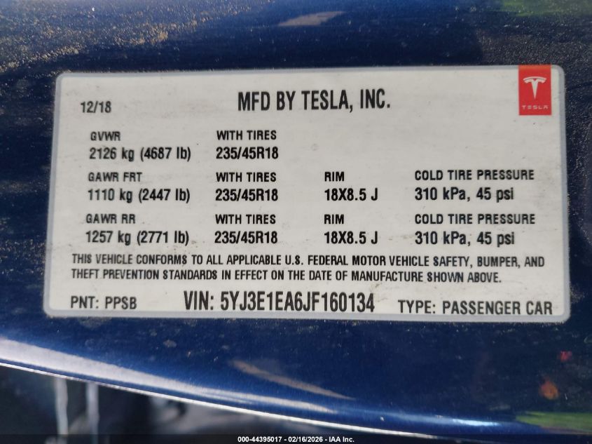 2018 Tesla Model 3 Long Range/Mid Range VIN: 5YJ3E1EA6JF160134 Lot: 44395017