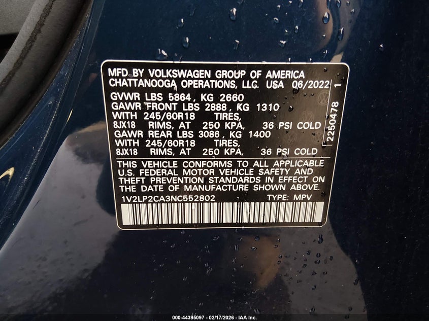 2022 Volkswagen Atlas 2.0T Se VIN: 1V2LP2CA3NC552802 Lot: 44395097