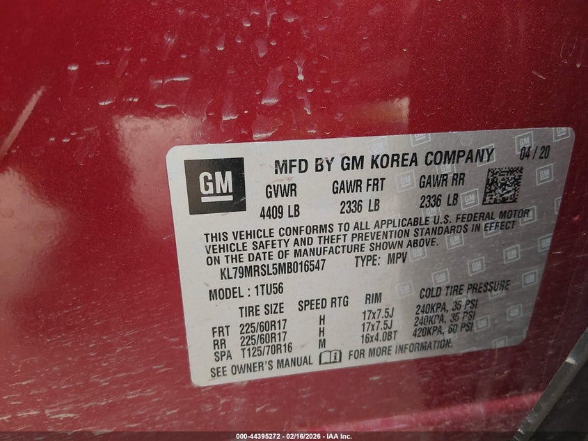 2021 Chevrolet Trailblazer Awd Lt VIN: KL79MRSL5MB016547 Lot: 44395272