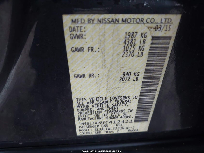 2015 Nissan Altima 3.5 Sl VIN: 1N4BL3AP8FC412421 Lot: 44395284