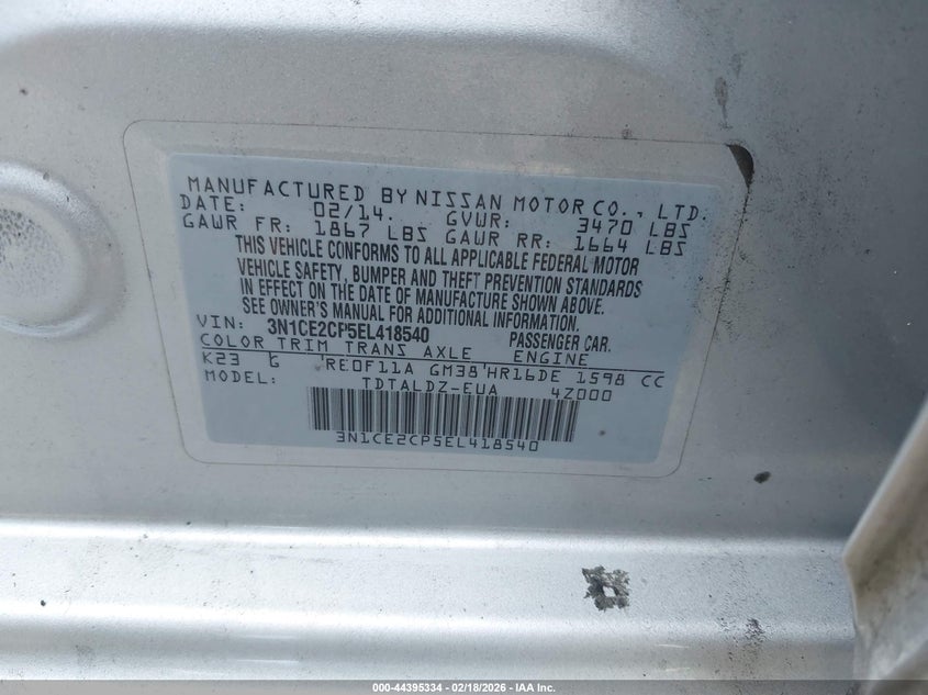2014 NISSAN VERSA HATCHBACK 1.6L I-4 DOHC, VVT, 109HP