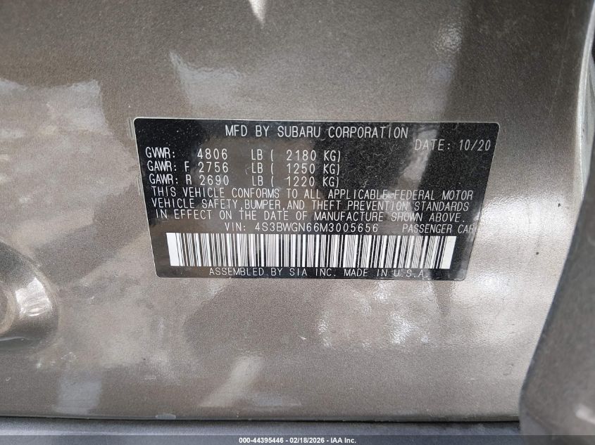 2021 Subaru Legacy Limited Xt VIN: 4S3BWGN66M3005656 Lot: 44395446
