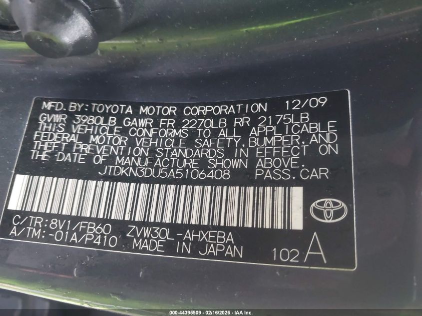 2010 Toyota Prius Ii VIN: JTDKN3DU5A5106408 Lot: 44395509