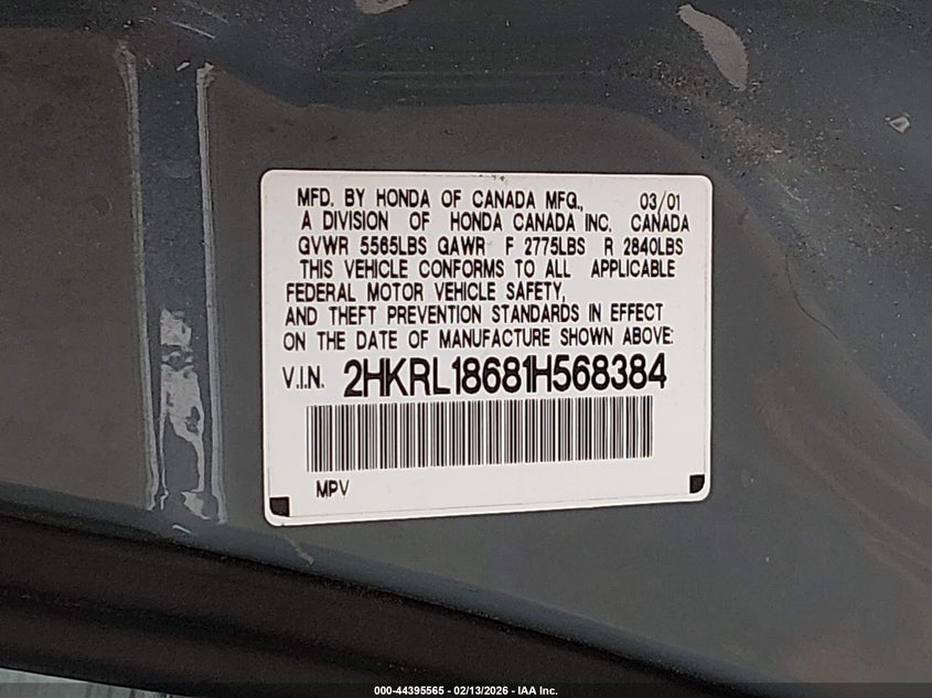 2001 Honda Odyssey Ex VIN: 2HKRL18681H568384 Lot: 44395565