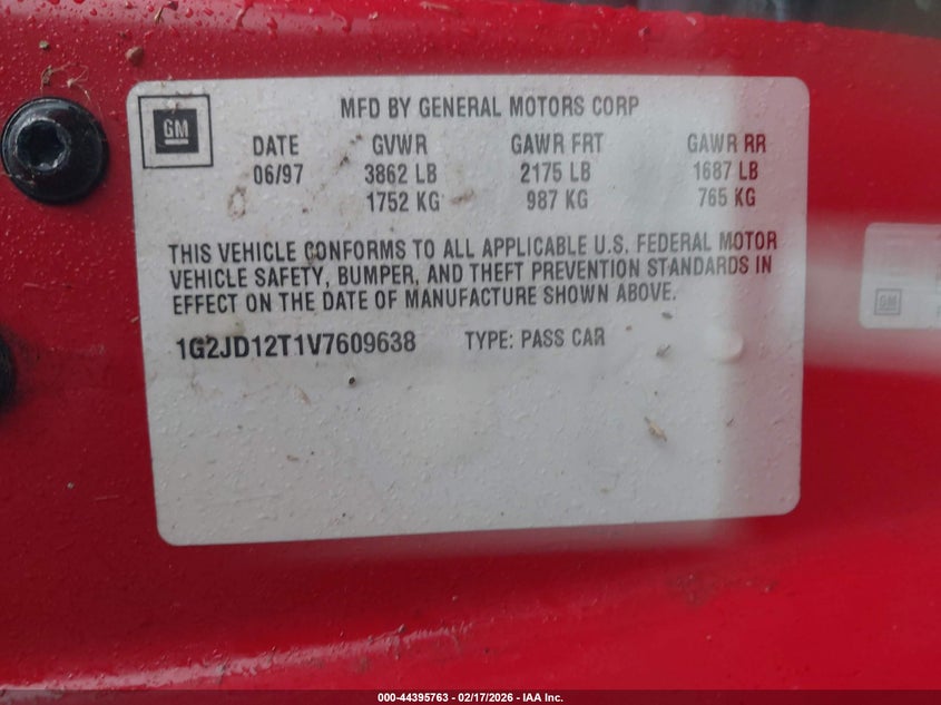 1997 Pontiac Sunfire Gt VIN: 1G2JD12TLV7609638 Lot: 44395763