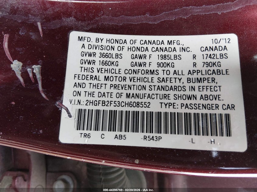 2HGFB2F53CH608552 2012 Honda Civic 1.8 Lx brown