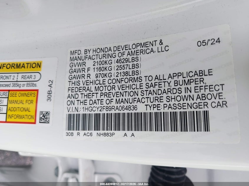 VIN 1HGCY2F89RA064836 2024 HONDA ACCORD HYBRID TOURING