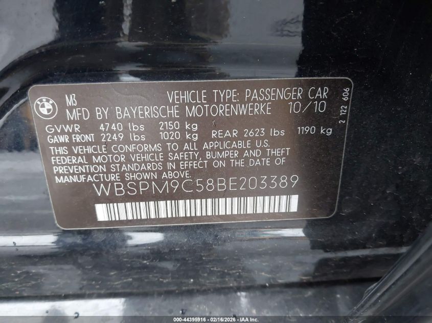 2011 BMW M3 VIN: WBSPM9C58BE203389 Lot: 44395916
