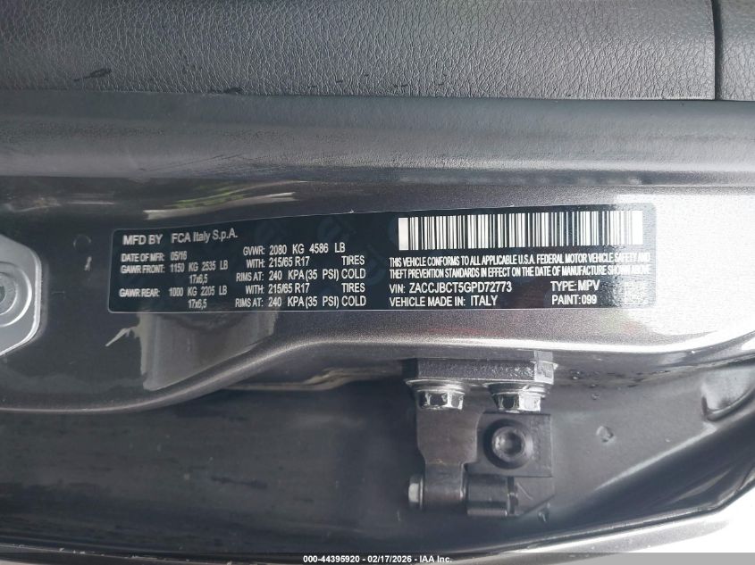 2016 Jeep Renegade Trailhawk VIN: ZACCJBCT5GPD72773 Lot: 44395920