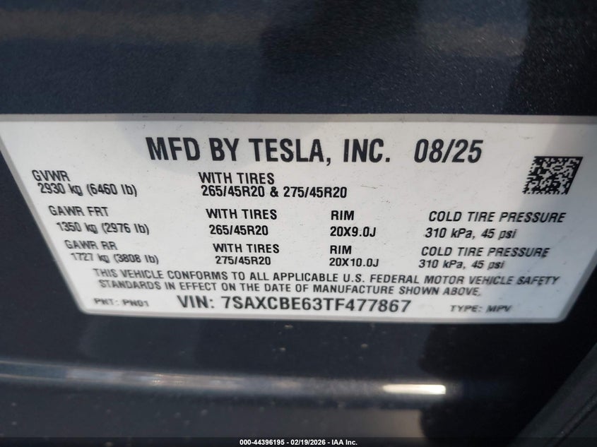 2026 Tesla Model X Plaid VIN: 7SAXCBE63TF477867 Lot: 44396195