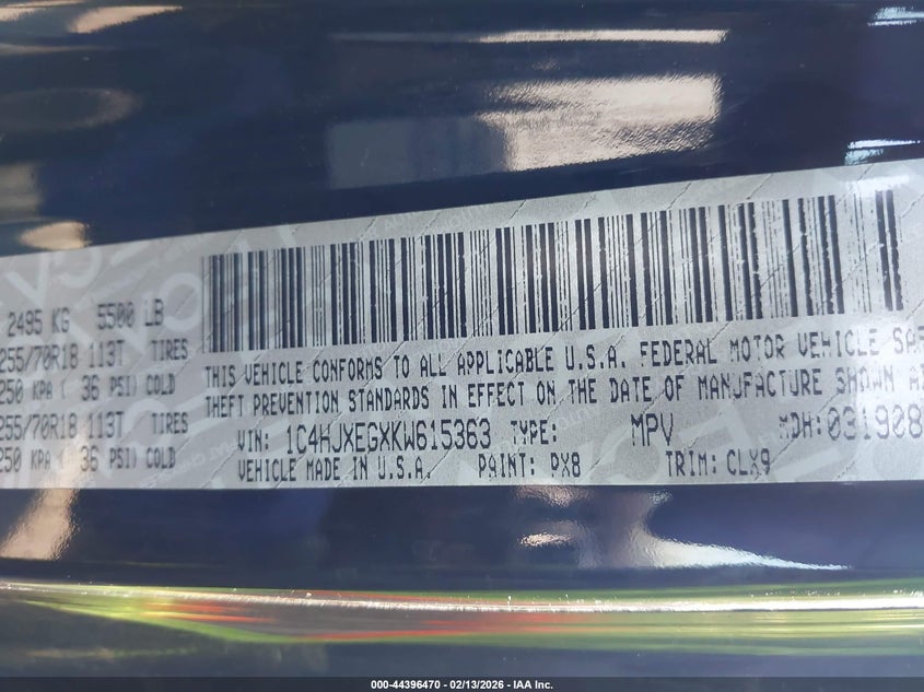 2019 Jeep Wrangler Unlimited Sahara 4X4 VIN: 1C4HJXEGXKW615363 Lot: 44396470