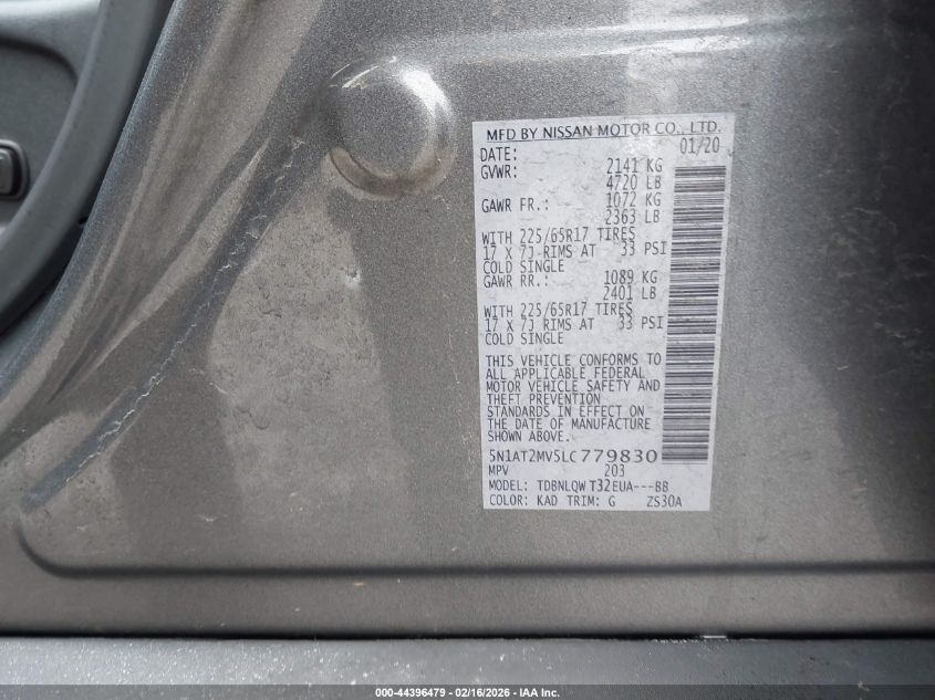 2020 Nissan Rogue Sv Intelligent Awd VIN: 5N1AT2MV5LC779830 Lot: 44396479