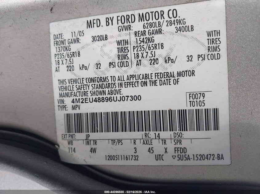 2006 Mercury Mountaineer Premier VIN: 4M2EU48896UJ07300 Lot: 44396500