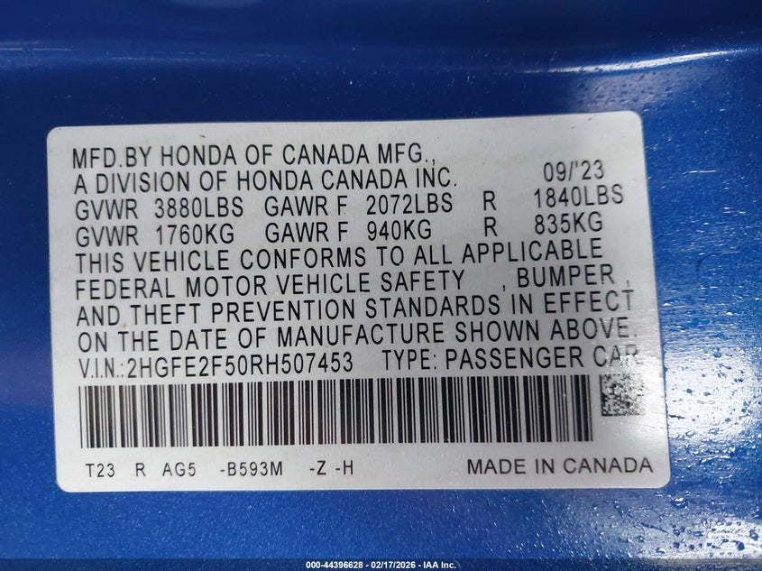 VIN 2HGFE2F50RH507453 2024 HONDA CIVIC SPORT