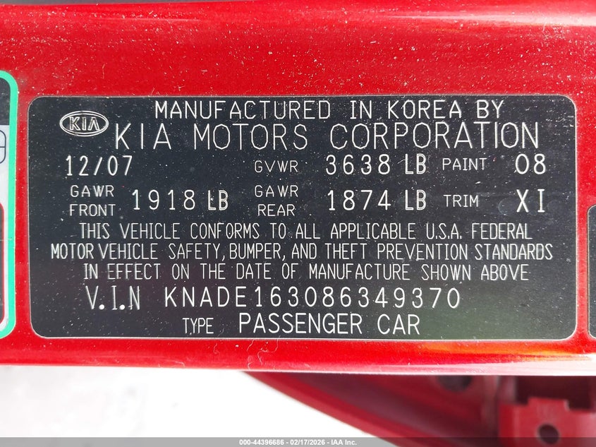 2008 Kia Rio5 Lx VIN: KNADE163086349370 Lot: 44396686