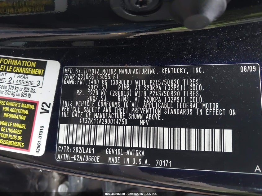 2009 Toyota Venza Base V6 VIN: 4T3ZK11A29U014750 Lot: 44396820