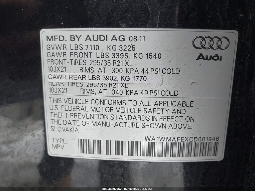2012 Audi Q7 3.0 Tdi Premium VIN: WA1WMAFEXCD001946 Lot: 44397062