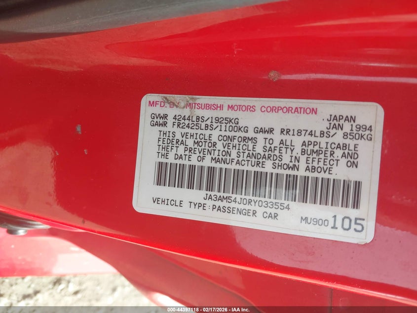 1994 Mitsubishi 3000 Gt VIN: JA3AM54J0RY033554 Lot: 44397118