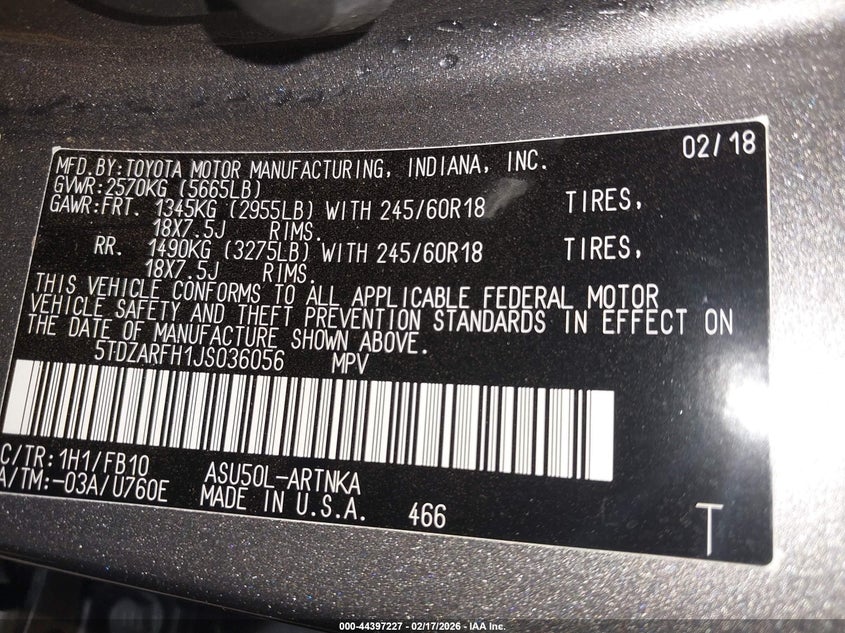 5TDZARFH1JS036056 Toyota Highlander Le