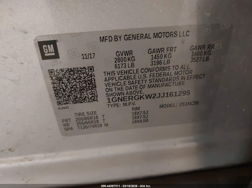 2018 Chevrolet Traverse 1Lt VIN: 1GNERGKW2JJ161295 Lot: 44397311