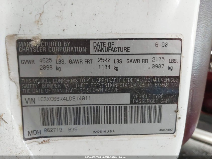 1990 Chrysler New Yorker C-Body Landau VIN: 1C3XC66R4LD914011 Lot: 44397381