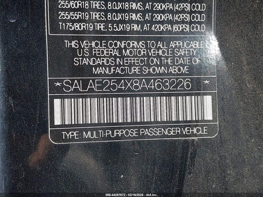 2008 Land Rover Lr3 V8 Se VIN: SALAE254X8A463226 Lot: 44397672