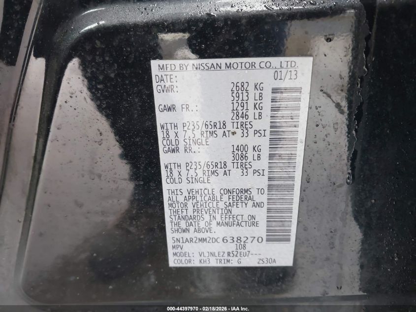 2013 Nissan Pathfinder Sv VIN: 5N1AR2MM2DC638270 Lot: 44397970