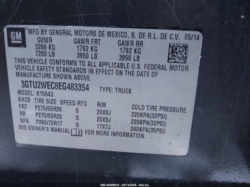 2014 GMC Sierra K1500 Denali VIN: 3GTU2WEC8EG483354 Lot: 44398019