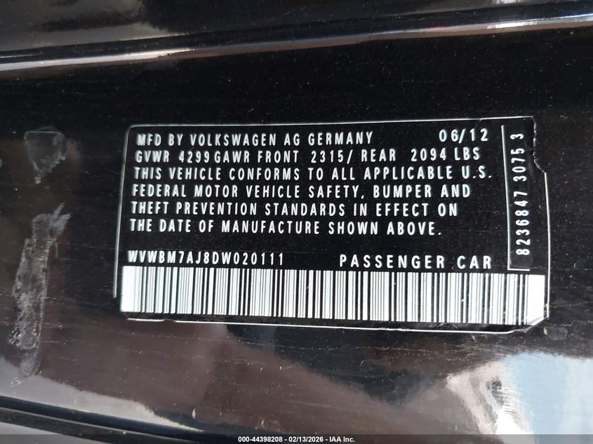 2013 Volkswagen Golf 2.0L Tdi 2-Door VIN: WVWBM7AJ8DW020111 Lot: 44398208