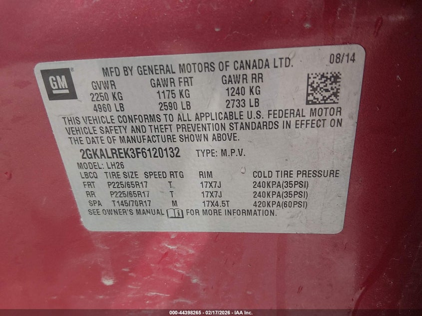 2015 GMC Terrain Sle-2 VIN: 2GKALREK3F6120132 Lot: 44398265