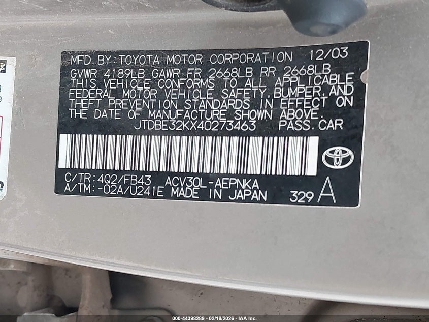 2004 Toyota Camry Le VIN: JTDBE32KX40273463 Lot: 44398289