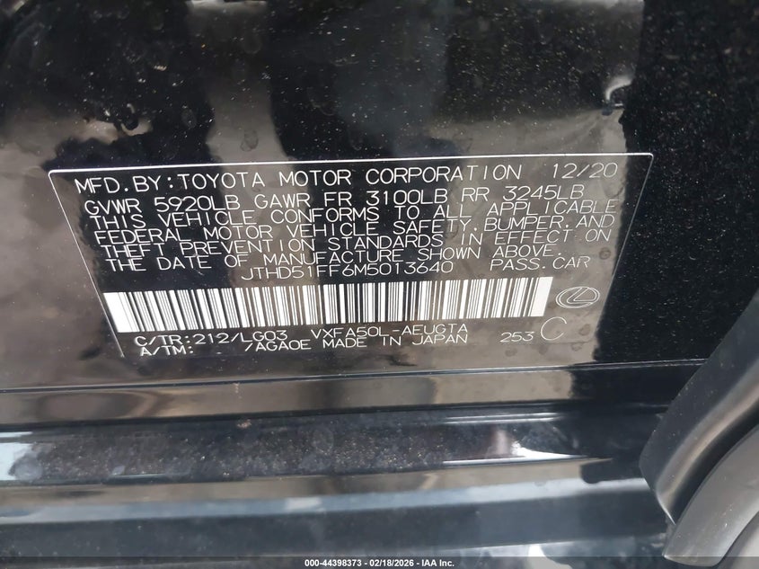 2021 Lexus Ls 500 VIN: JTHD51FF6M5013640 Lot: 44398373