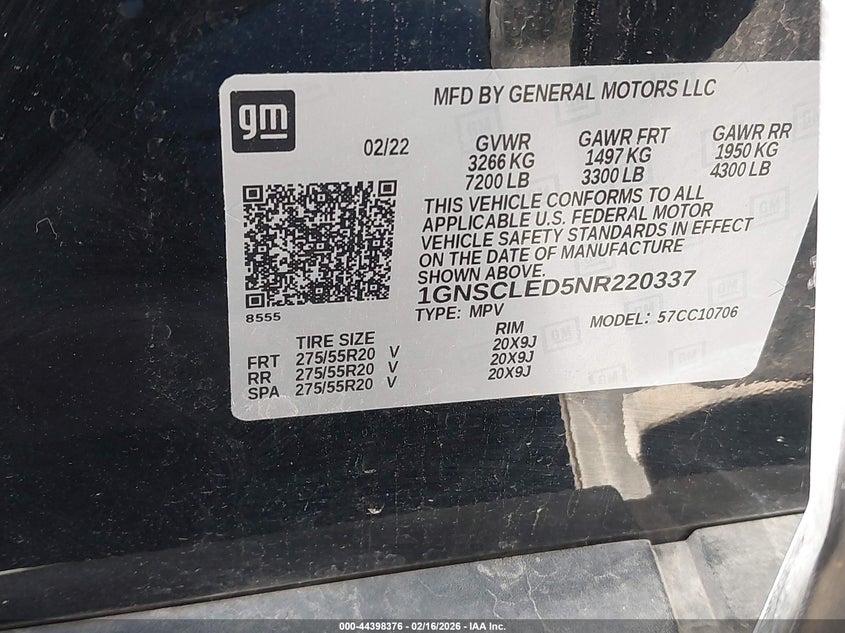 2022 CHEVROLET TAHOE 5.3L V-8 DI, VVT, 35(VIN: 1GNSCLED5NR220337