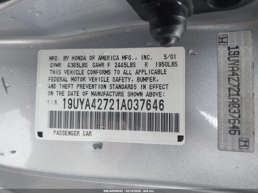 2001 Acura Cl 3.2 Type S VIN: 19UYA42721A037646 Lot: 44398382