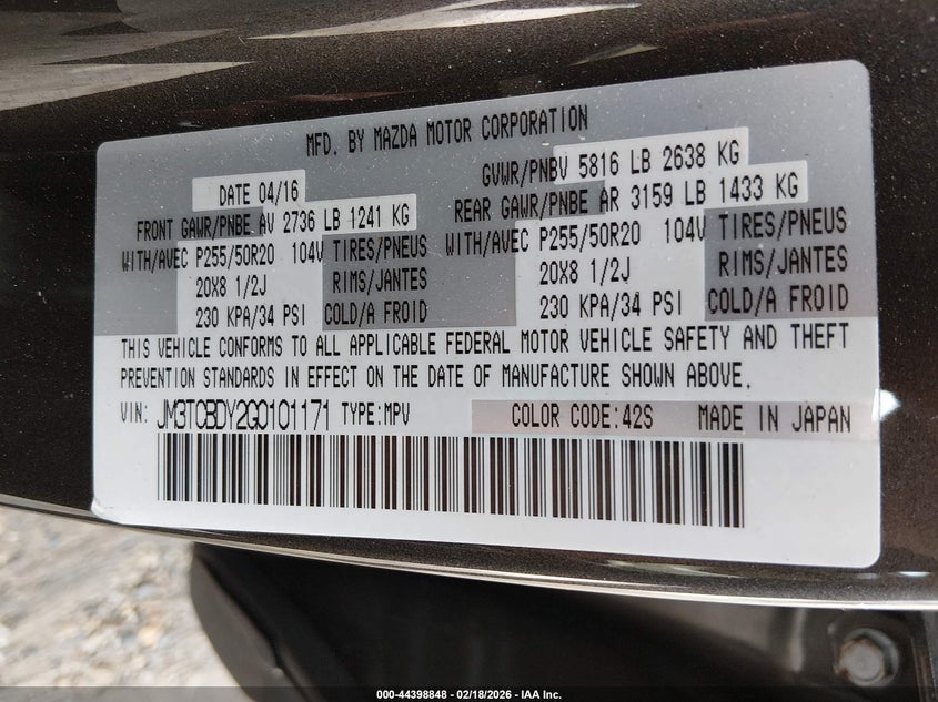 2016 Mazda Cx-9 Grand Touring VIN: JM3TCBDY2G0101171 Lot: 44398848