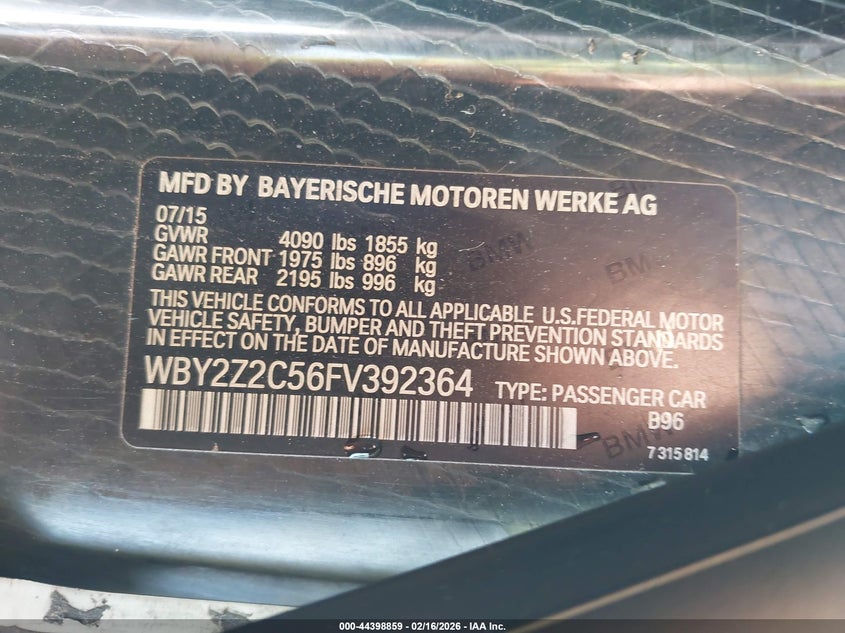 2015 BMW I8 VIN: WBY2Z2C56FV392364 Lot: 44398859