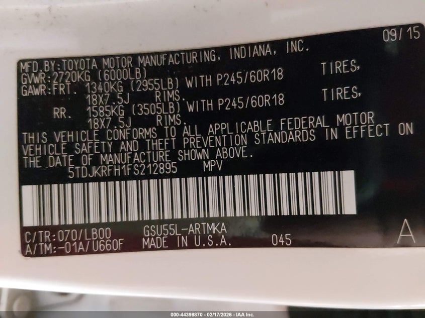 2015 Toyota Highlander Xle V6 VIN: 5TDJKRFH1FS212895 Lot: 44398870